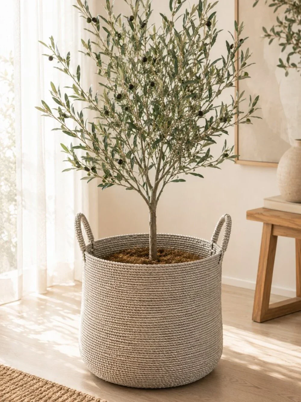 Large Metallic Silver Woven Basket With Sturdy Handles